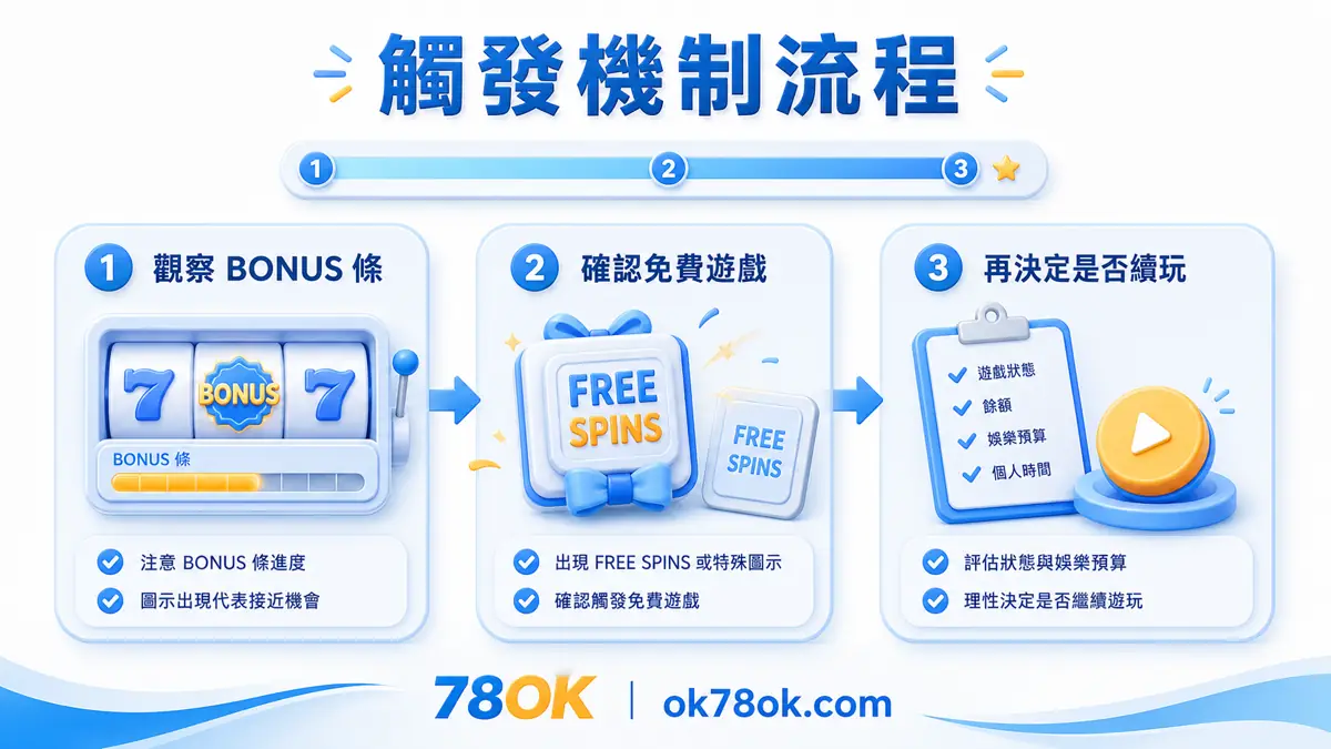 跑跑愛麗絲老虎機怎麼玩?觸發機制、注額安排與節奏判斷重點整理 2 跑跑愛麗絲觸發機制流程圖,提醒觀察 BONUS 條、確認免費遊戲再決定是否續玩