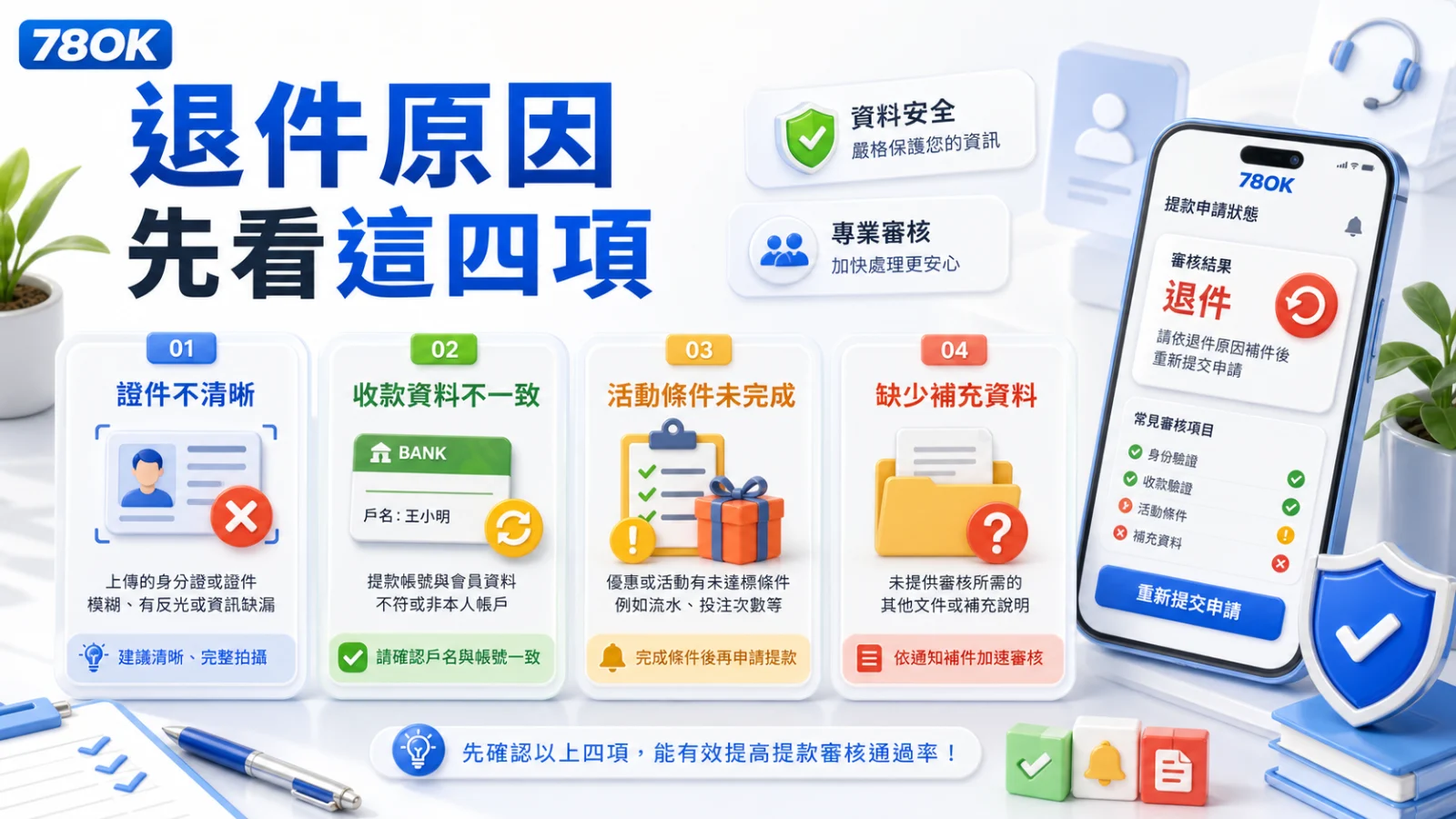 TU出金被退回怎麼辦?退件原因、補件資料與客服詢問範本 2 TU 出金退件原因四項檢查,包含證件、收款資料、活動條件與補充資料