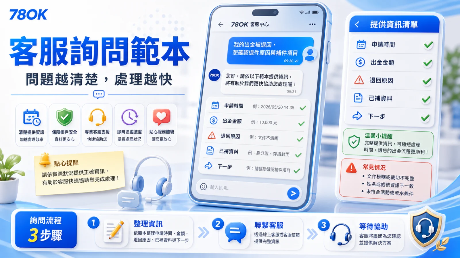 TU出金被退回怎麼辦?退件原因、補件資料與客服詢問範本 4 TU 出金退回客服詢問範本,包含申請時間、出金金額、退回原因、已補資料與下一步