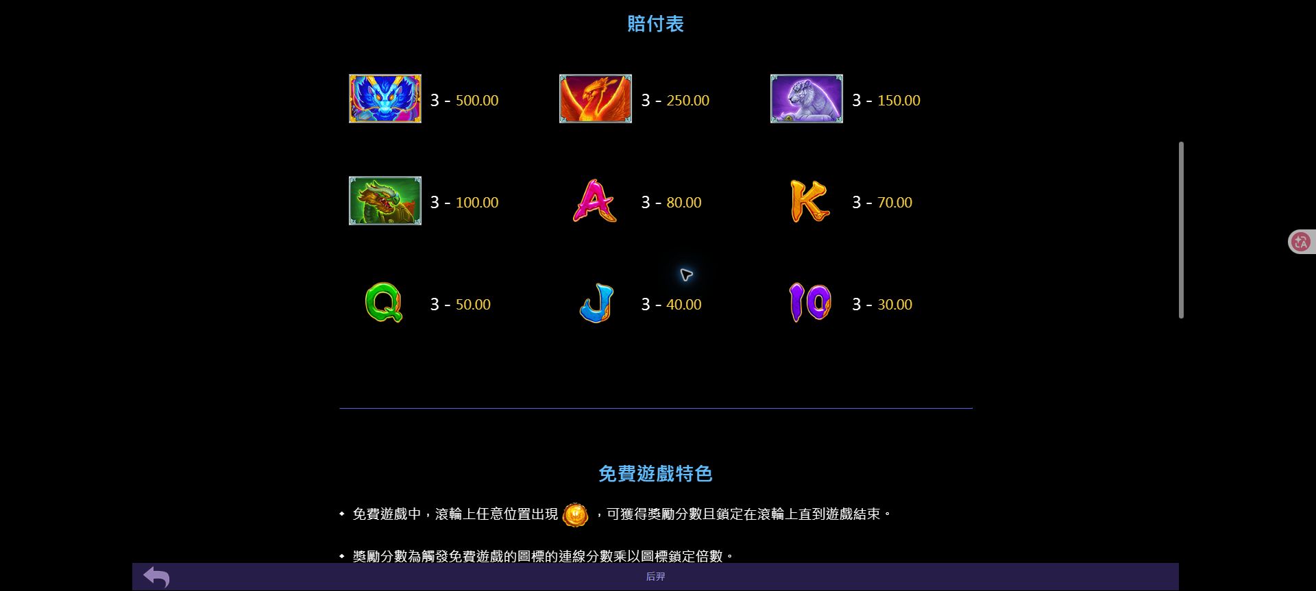 TU 后羿怎麼玩?5線規則、免費遊戲與鎖定倍數一次看懂 8 后羿賠付表列出各圖標三個連線分數,右側標示當下總押注 50.00