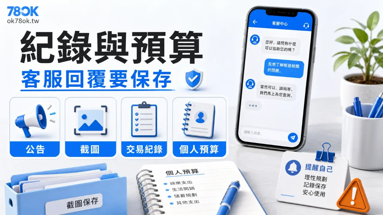 TU 優惠參與紀錄與預算檢查圖，畫面呈現客服對話、截圖資料夾與預算筆記，提醒保存活動回覆與控制支出。